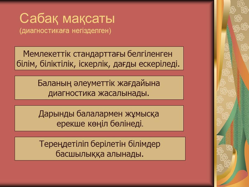 Сабақ мақсаты  (диагностикаға негізделген) Мемлекеттік стандарттағы белгіленген  білім, біліктілік, іскерлік, дағды ескеріледі.